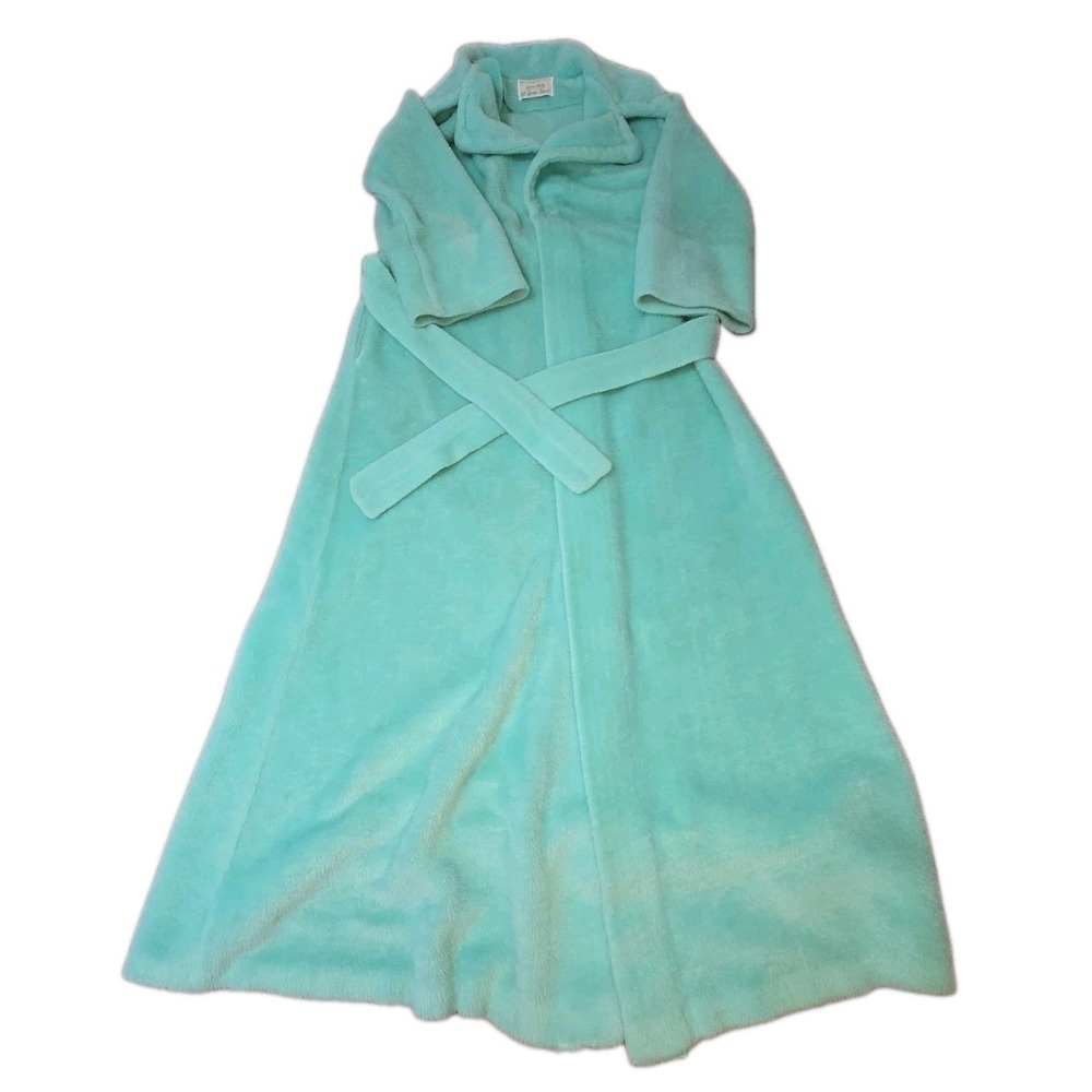 Vtg 70s Sears Best At Home Wear Robe Womens S M Aqua Fuzzy Plush Maxi Housecoat